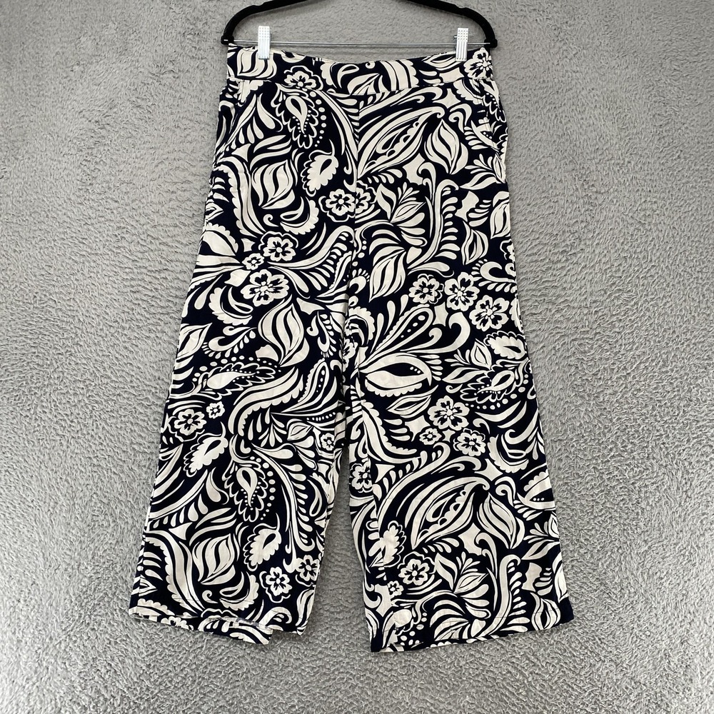 T Tahari Capri Pants Womens Large Blue Paisley Pull On Elastic Waist Cropped